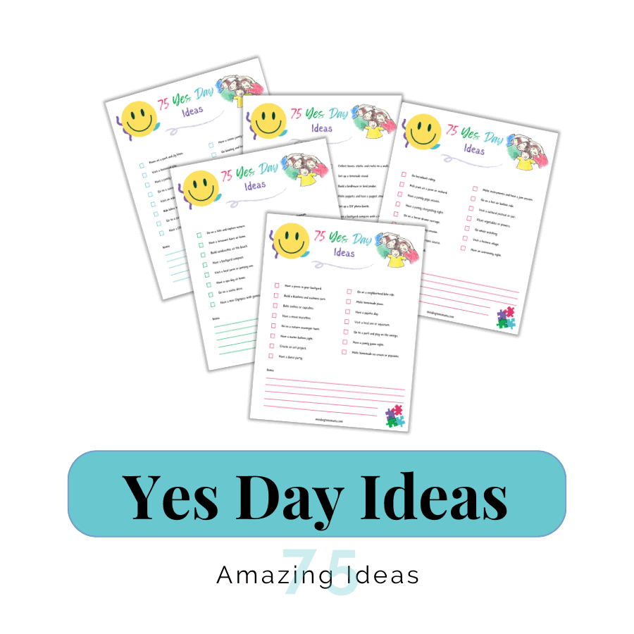 yes day ideas, 75 amazing ideas, image shows pages of the list